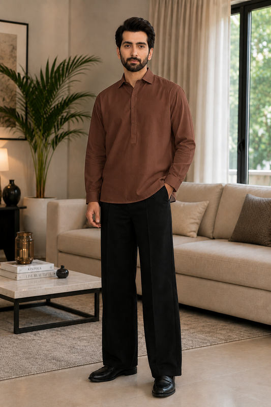 Half-Placket  Brown Shirt