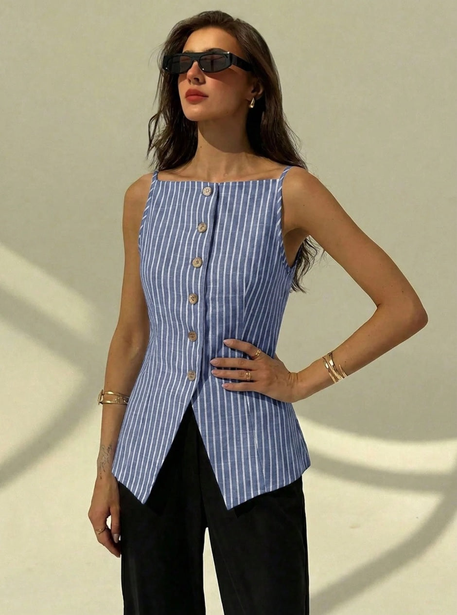 Women's Elegant Off-Shoulder Sleeveless Cotton Striped Thin Suit Vest,Summer Holiday Vacation