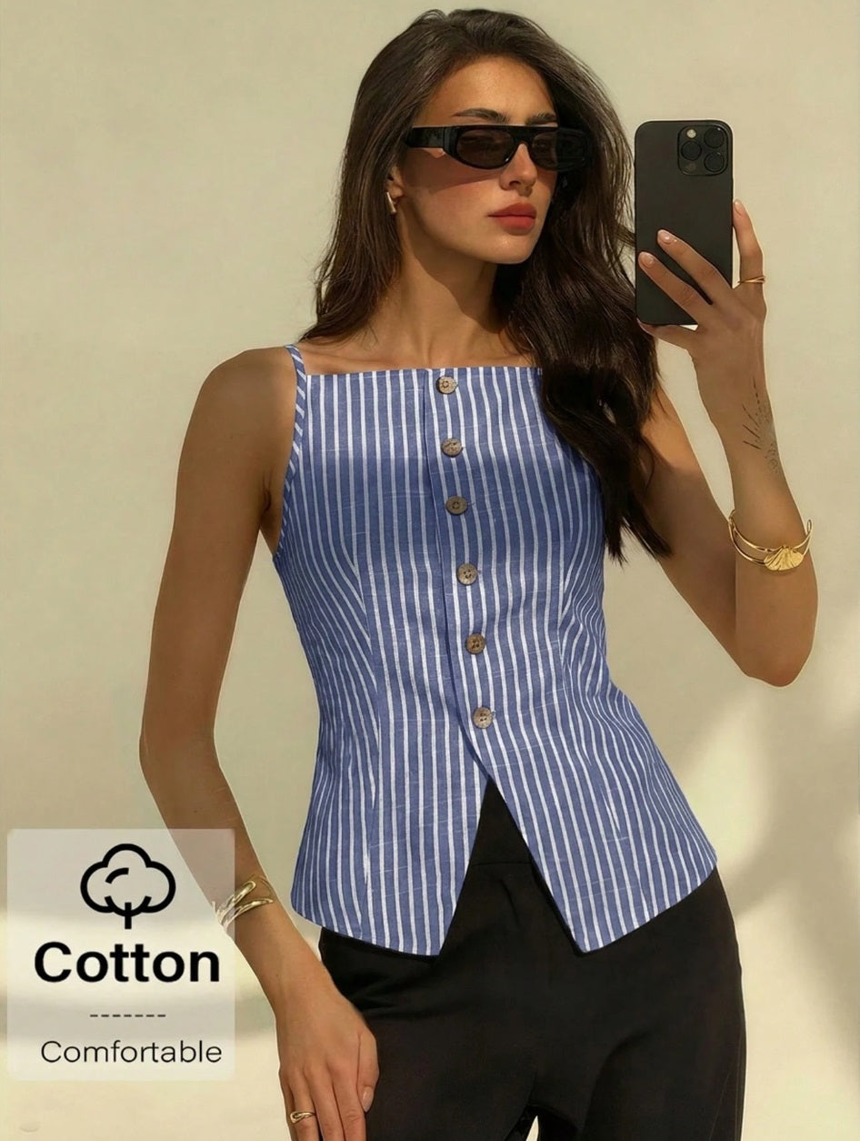 Women's Elegant Off-Shoulder Sleeveless Cotton Striped Thin Suit Vest,Summer Holiday Vacation