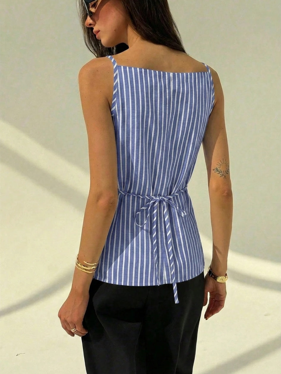 Women's Elegant Off-Shoulder Sleeveless Cotton Striped Thin Suit Vest,Summer Holiday Vacation